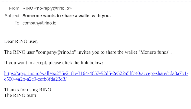 Email message that RINO sents to the other user
